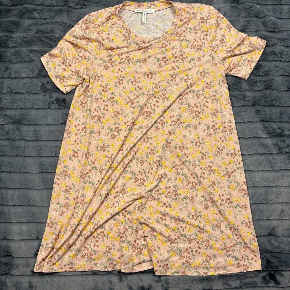 BCBGeneration Womens Floral Short Sleeve T-Shirt Mini Dress Peach Pink Yellow M